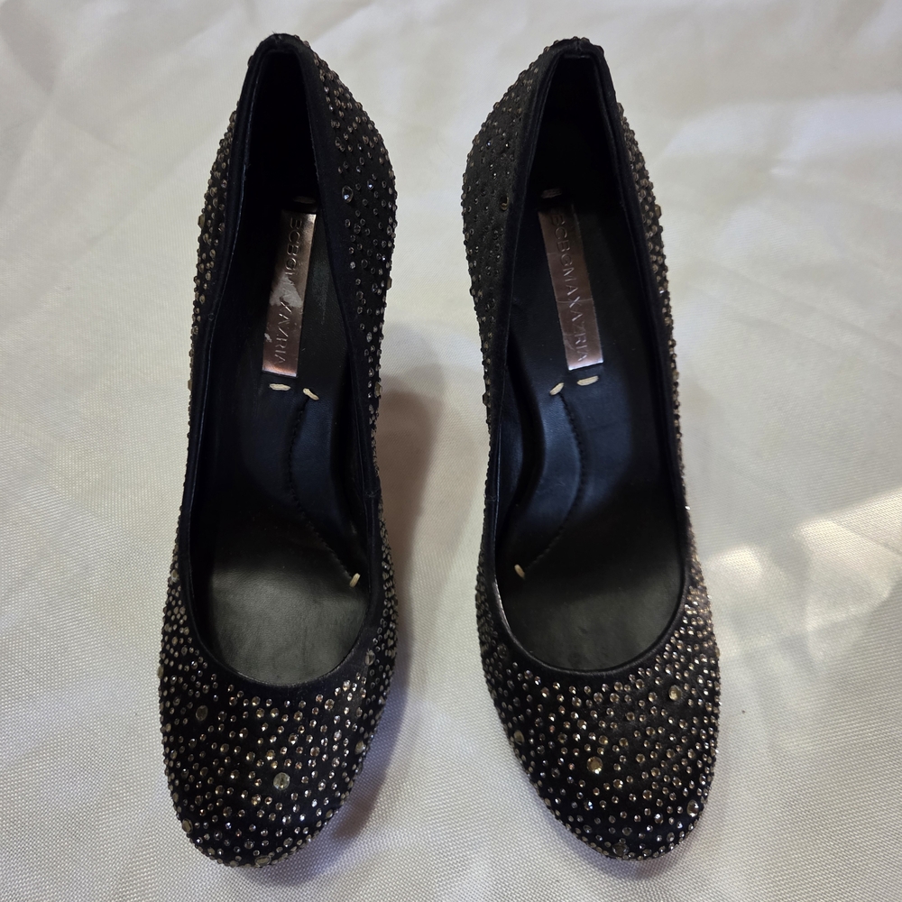 BCBGMaxAzria Black Satin + Champagne Sparkle Platform Stiletto Heels, 8.5 - Picture 3 of 6